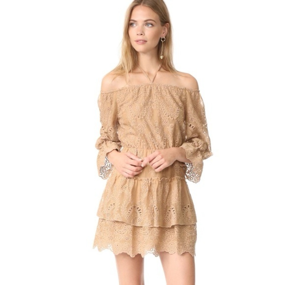 Alice + Olivia Waylon Tan Lace Off-Shoulder Eyelet Mini Dress Size 4 Small